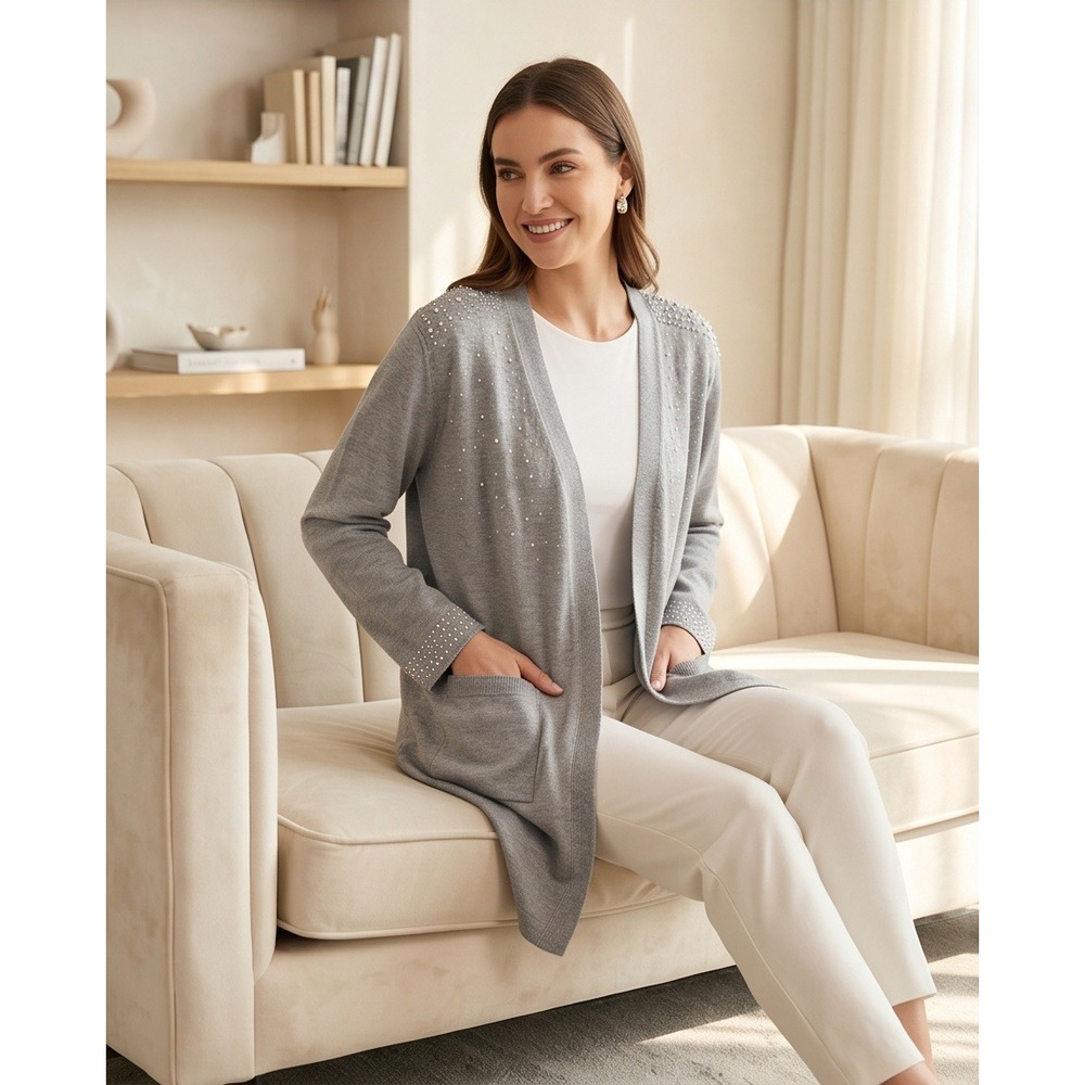Seven Manor 2X Gray Rhinestone Embellished Open Front Cardigan Sweater NWT